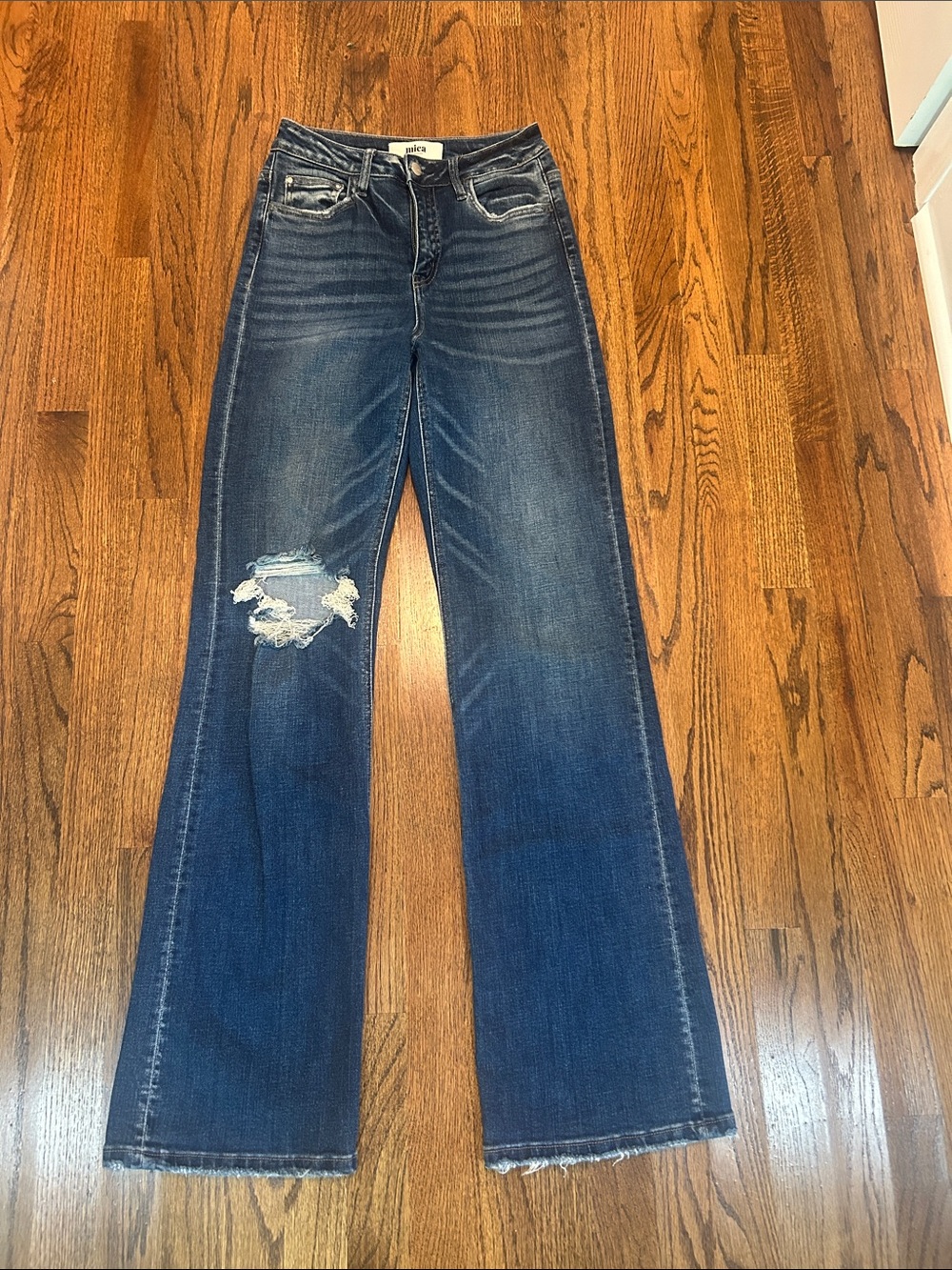 Mica Los Angeles Medium Blue Distressed Flare Jeans